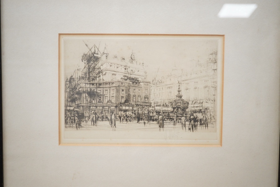 William Walcot RE (Scottish, 1874-1943), two etchings, comprising 'The Reconstruction of Piccadilly' and 'Charing Cross, Newcastle, Doges Palace', each signed in pencil, largest 15 x 21cm. Condition - fair